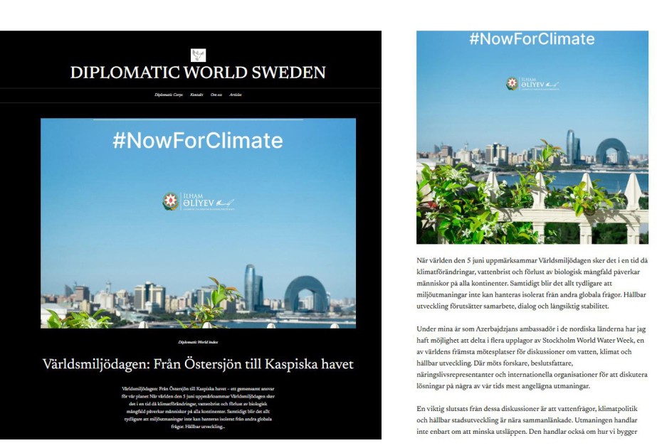 Diplomatic World Sweden publishes article by Azerbaijani ambassador on environmental cooperation between Northern Europe and the South Caucasus
