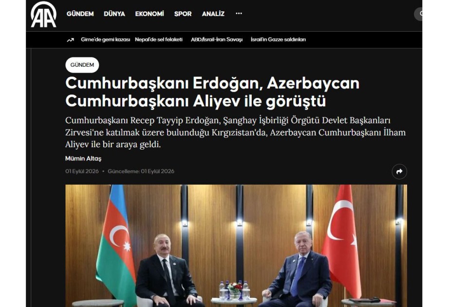 Turkish media highlights meeting between Azerbaijani and Turkish Presidents in Bishkek